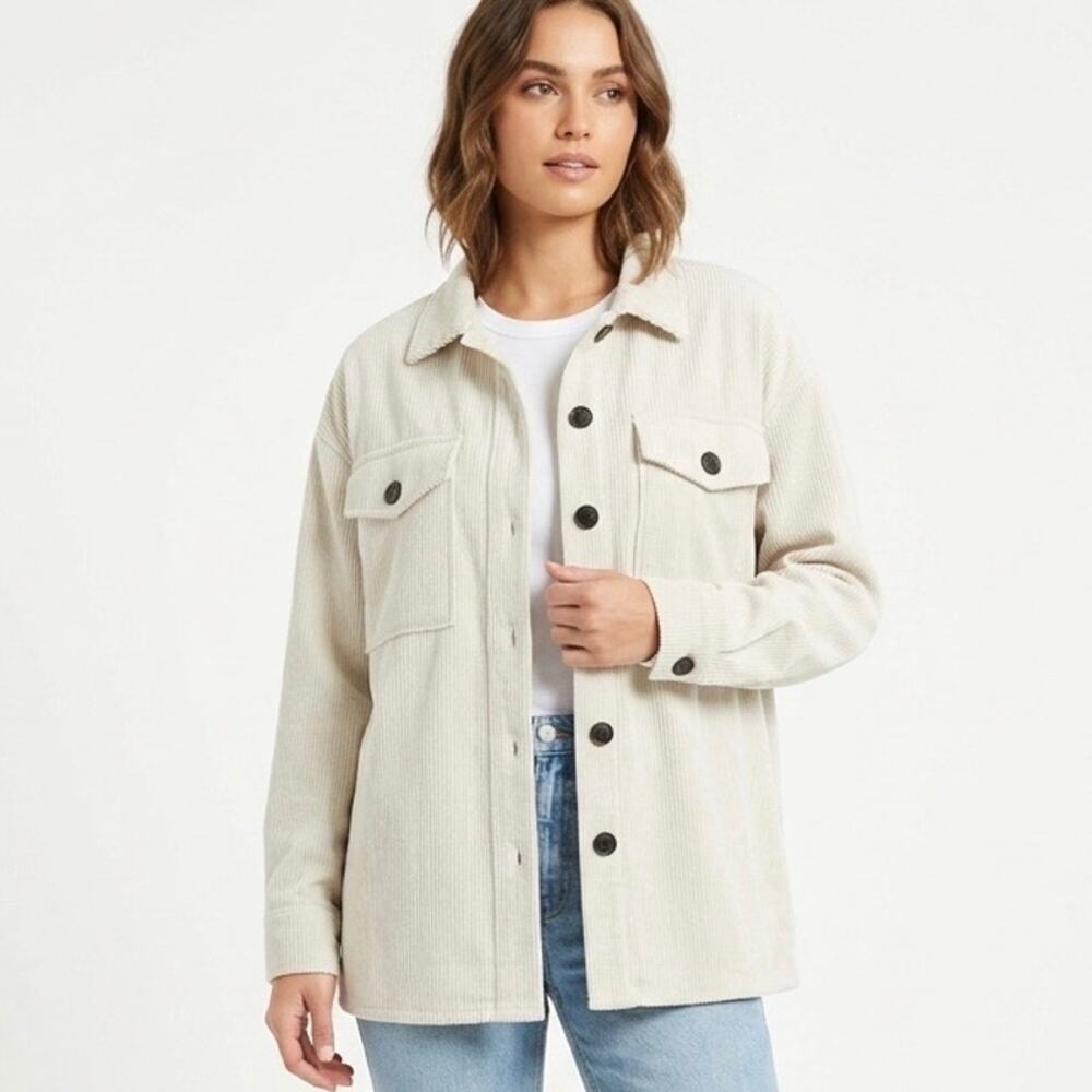 CI Sono Women's Corduroy Button Down Shirt Jacket Size S Oversized Khaki Cream